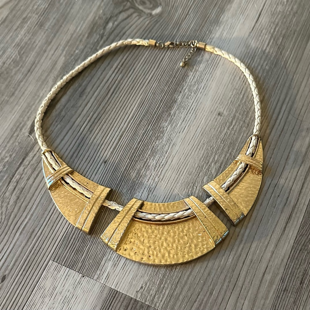 Gold Tone Hammered Statement Collar Necklace Boho Geometric